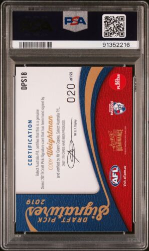 2020 Select Dominance AFL Draft Pick Signature Cody Weightman Graded P