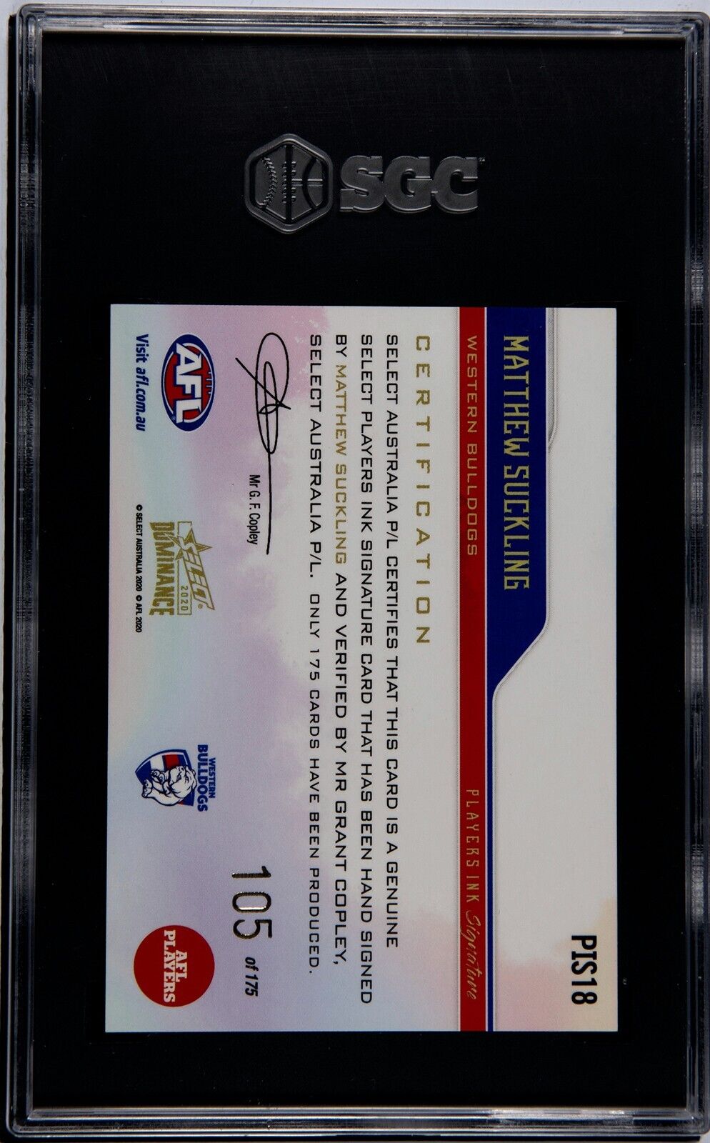 2020 Select AFL Dominance Players Ink Matthew Suckling Graded SGC 9 PO